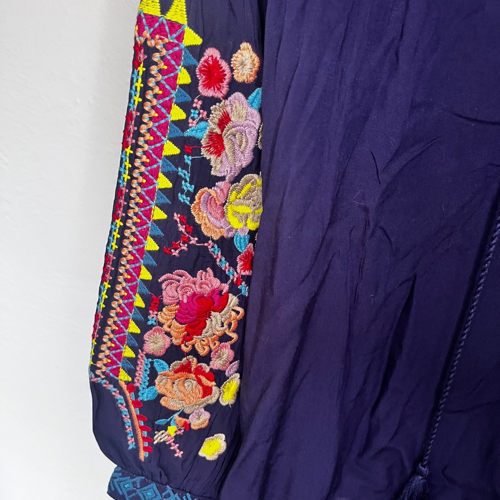 Solitaire Navy Blue Embroidered Boho Peasant Blouse Tassel Tie Large 17-2845 - Picture 3 of 9